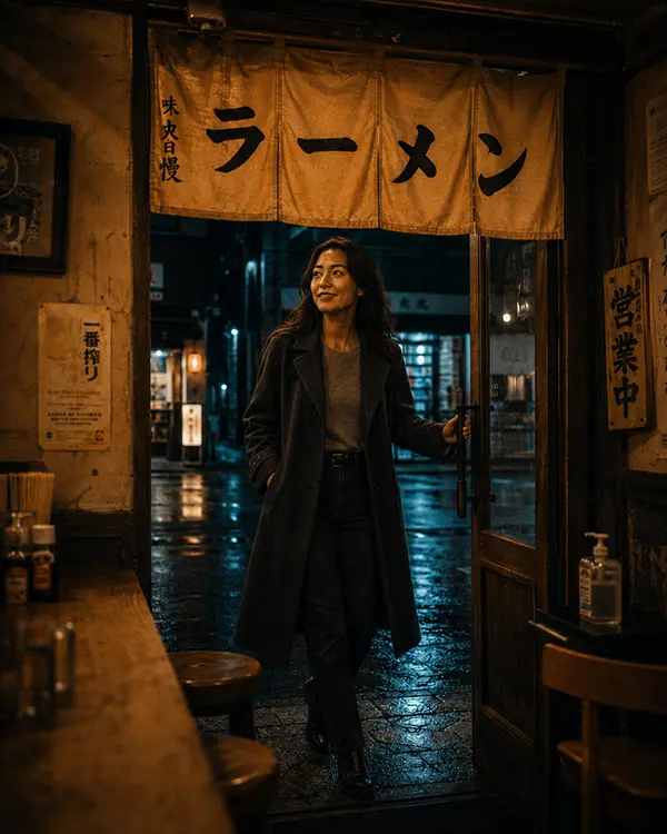 a woman entering a ramen crew meet-up on her own