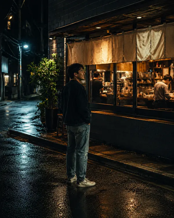 a man standing outside a ramen shop for a toronto meet-up