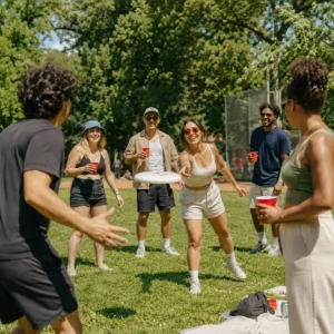 People playing frisbee in the park at a ramen crew social event