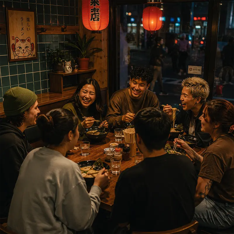 People enjoying a meal at a ramen crew event in toronto